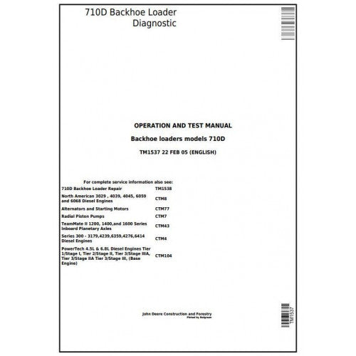 TM1537 John Deere 710D Backhoe Loader Pdf Diagnostic, Operation and Test Service Manual