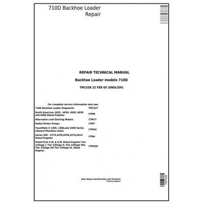 TM1538 John Deere 710D Backhoe Loader Pdf Repair Service Technical Manual