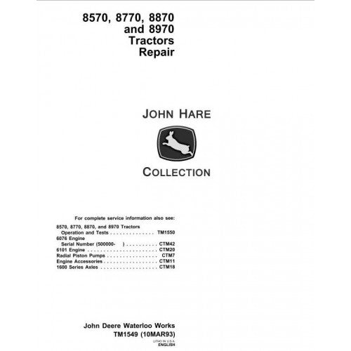 TM1549 John Deere 8570, 8770,  8870,  8970 4WD Articulated Tractors Pdf Repair Service Technical Manual
