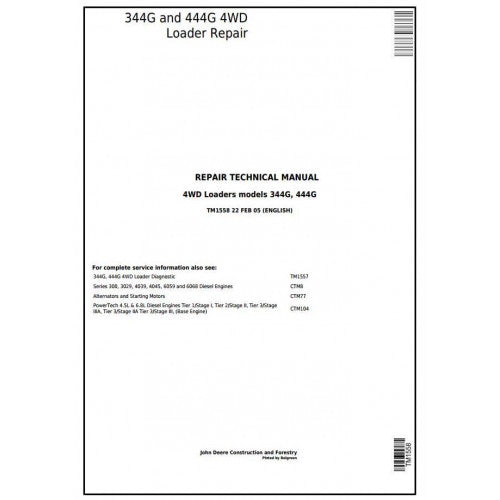 TM1558 John Deere 344G and 444G 4WD Loader Pdf Repair Service Technical Manual