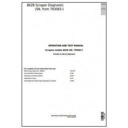 TM1569 John Deere 862B Scraper Pdf Diagnostic, Operation and Test Service Manual