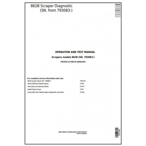 TM1569 John Deere 862B Scraper Pdf Diagnostic, Operation and Test Service Manual