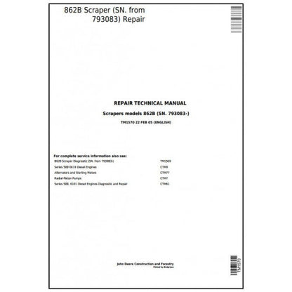 TM1570 John Deere 862B Scraper Pdf Repair Service Technical Manual