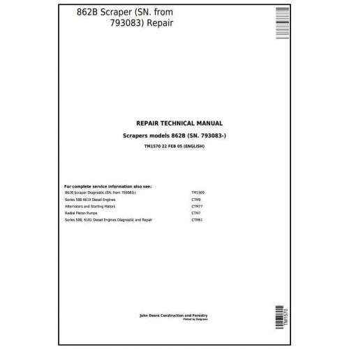 TM1570 John Deere 862B Scraper Pdf Repair Service Technical Manual