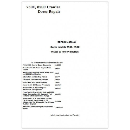 TM1589 John Deere 750C, 850C Crawler Dozer Pdf Repair Service Technical Manual