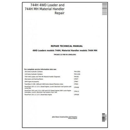 TM1603 John Deere 744H 4WD Loader and 744H MH Material Handler Pdf Repair Service Technical Manual