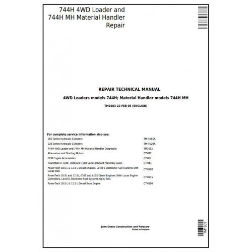 TM1603 John Deere 744H 4WD Loader and 744H MH Material Handler Pdf Repair Service Technical Manual