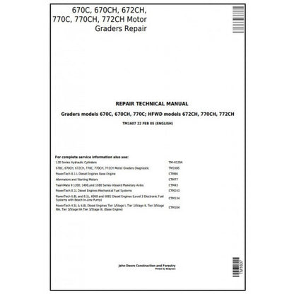 TM1607 John Deere 670C, 670CH, 672CH, 770C, 770CH, 772CH Motor Grader Pdf Repair Service Technical Manual