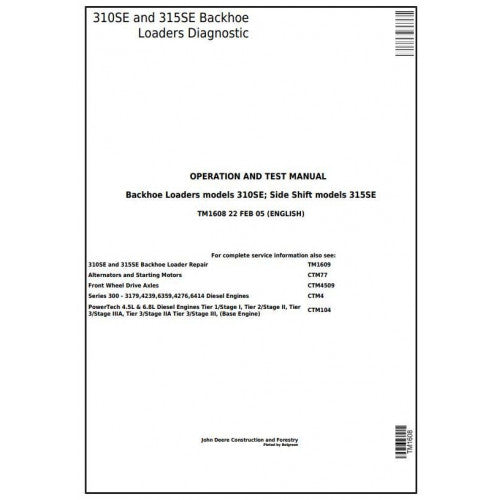 TM1608 John Deere 310SE Backhoe, 315SE Side Shift Loaders Pdf Diagnostic, Operation and Test Service Manual