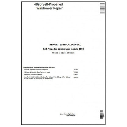 TM1617 John Deere 4890 Self-Propelled Hay and Forage Windrower Technical Service Manual