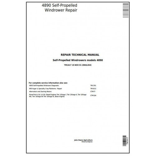 TM1617 John Deere 4890 Self-Propelled Hay and Forage Windrower Technical Service Manual