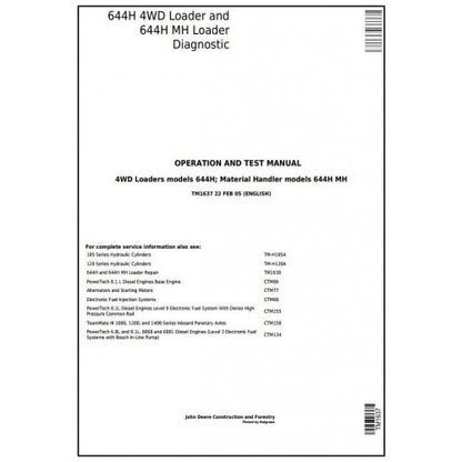 TM1637 John Deere 644H 4WD Loader and 644H MH Material Handler Pdf Diagnostic, Operation and Test Service Manual