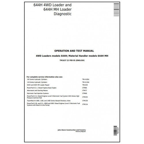 TM1637 John Deere 644H 4WD Loader and 644H MH Material Handler Pdf Diagnostic, Operation and Test Service Manual