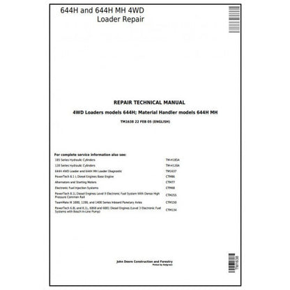 TM1638 John Deere 644H 4WD Loader and 644H MH Material Handler Pdf Repair Service Technical Manual