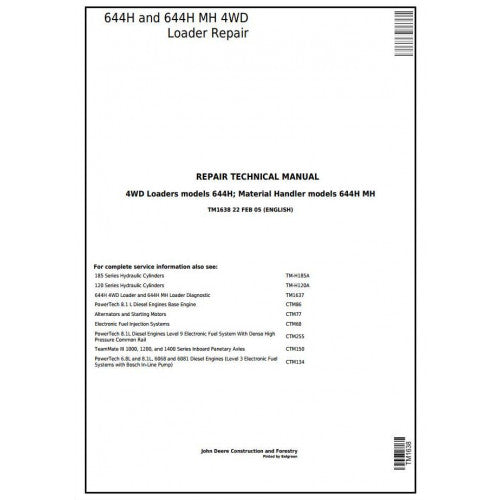 TM1638 John Deere 644H 4WD Loader and 644H MH Material Handler Pdf Repair Service Technical Manual