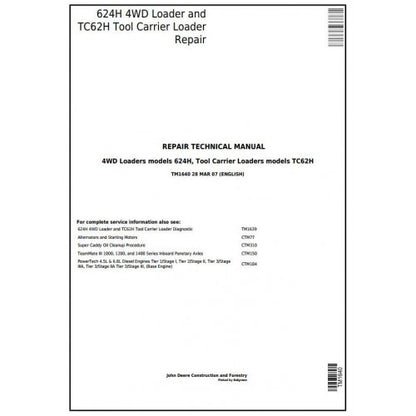 TM1640 John Deere 624H 4WD Loader and TC62H Tool Carrier Loader Pdf Repair Service Technical Manual