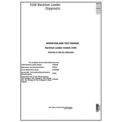 TM1648 John Deere 310E Backhoe Loader Pdf Diagnostic, Operation and Test Service Manual