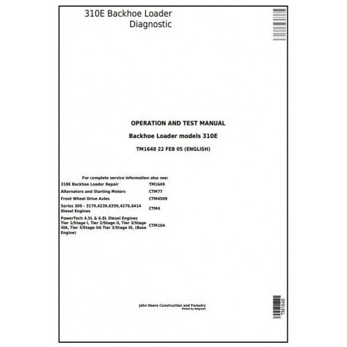 TM1648 John Deere 310E Backhoe Loader Pdf Diagnostic, Operation and Test Service Manual
