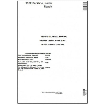 TM1649 John Deere 310E Backhoe Loader Pdf Repair Service Technical Manual