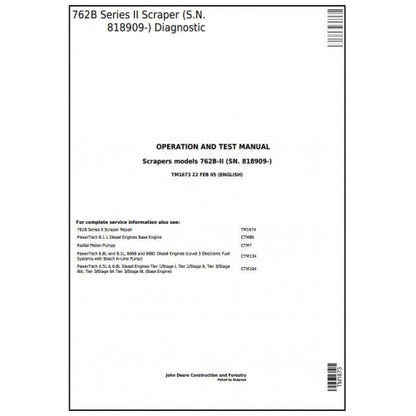 TM1673 John Deere 762B Series II Scraper Pdf Diagnostic, Operation and Test Service Manual