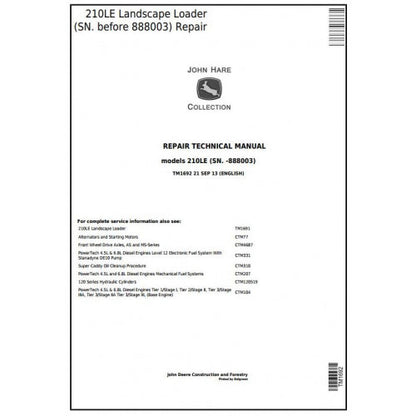 TM1692 John Deere 210LE Landscape Loader Pdf Repair Service Technical Manual
