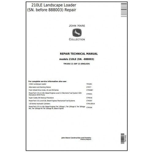 TM1692 John Deere 210LE Landscape Loader Pdf Repair Service Technical Manual