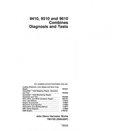 TM1702 John Deere 9410, 9510 and 9610 Combines Pdf Diagnosis and Tests Service Manual
