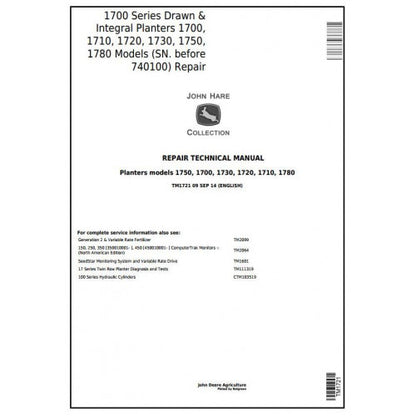 TM1721 John Deere 1700, 1710, 1720, 1730, 1750, 1780 Planters Pdf Technical Service Manual