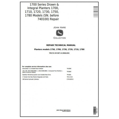 TM1721 John Deere 1700, 1710, 1720, 1730, 1750, 1780 Planters Pdf Technical Service Manual