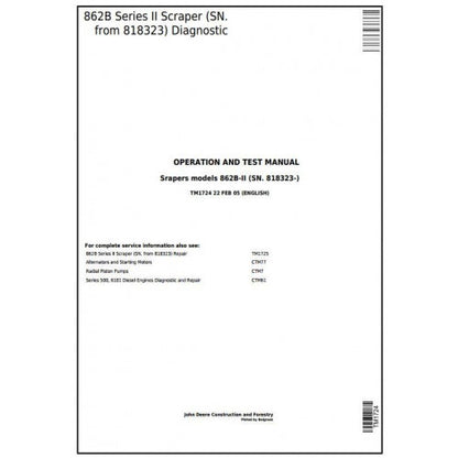 TM1724 John Deere 862B Series II Scraper Pdf Diagnostic, Operation and Test Service Manual