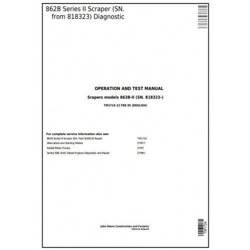 TM1724 John Deere 862B Series II Scraper Pdf Diagnostic, Operation and Test Service Manual