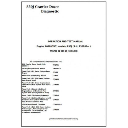 TM1730 John Deere 850J Crawler Dozer Pdf Diagnostic, Operation and Test Service Manual
