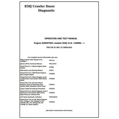 TM1730 John Deere 850J Crawler Dozer Pdf Diagnostic, Operation and Test Service Manual