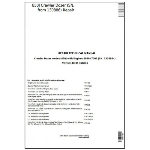 TM1731 John Deere 850J Dozer Crawler Dozer Pdf Repair Service Technical Manual