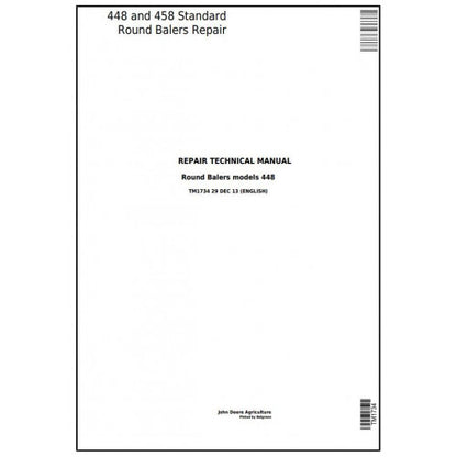 TM1734 John Deere 448 and 458 Standard Hay and Forage Round Balers Pdf Technical Service Manual