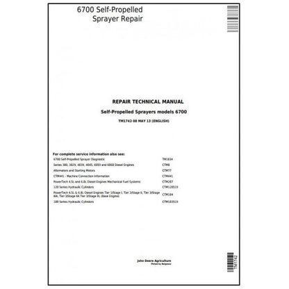 TM1742 John Deere 6700 Self-Propelled Sprayer Pdf Technical Service Manual