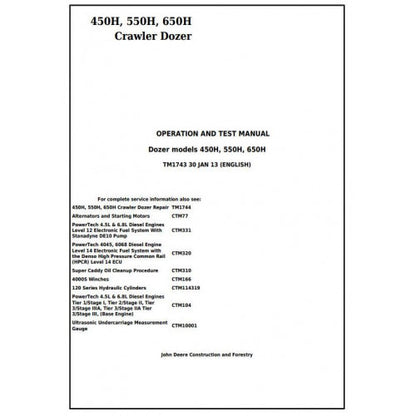TM1743 John Deere 450H, 550H, 650H Crawler Dozer Pdf Diagnostic, Operation and Test Service Manual