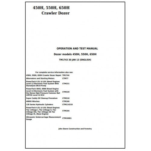 TM1743 John Deere 450H, 550H, 650H Crawler Dozer Pdf Diagnostic, Operation and Test Service Manual