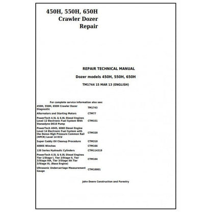 TM1744 John Deere 450H, 550H, 650H Crawler Dozer Pdf Repair Service Technical Manual
