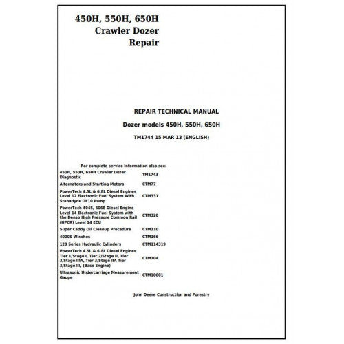 TM1744 John Deere 450H, 550H, 650H Crawler Dozer Pdf Repair Service Technical Manual