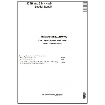 TM1746 John Deere 324H and 344H 4WD Loaders Pdf Repair Service Technical Manual