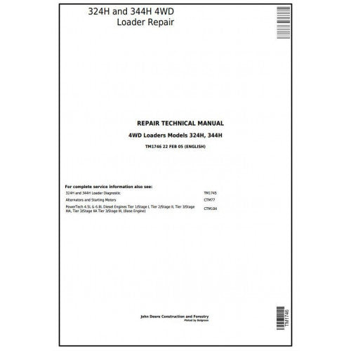TM1746 John Deere 324H and 344H 4WD Loaders Pdf Repair Service Technical Manual