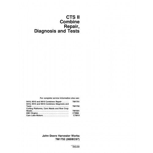 TM1752 John Deere CTS II Combine Pdf Diagnosis and Tests Service Manual