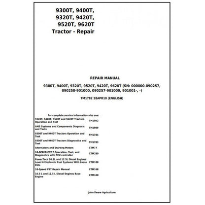 TM1782 John Deere 9300T, 9400T, 9320T, 9420T, 9520T, 9620T Tracks Tractor Pdf Repair Service Technical Manual