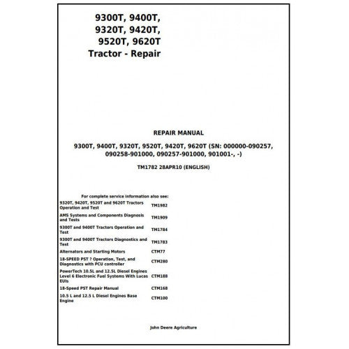 TM1782 John Deere 9300T, 9400T, 9320T, 9420T, 9520T, 9620T Tracks Tractor Pdf Repair Service Technical Manual