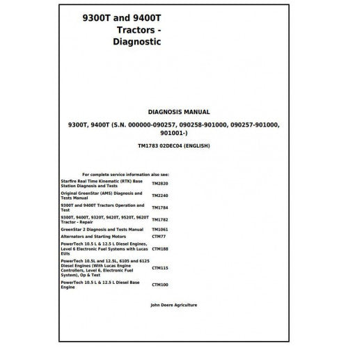 TM1783 John Deere 9300T and 9400T Tracks Tractor Pdf Diagnosis and Tests Service Manual
