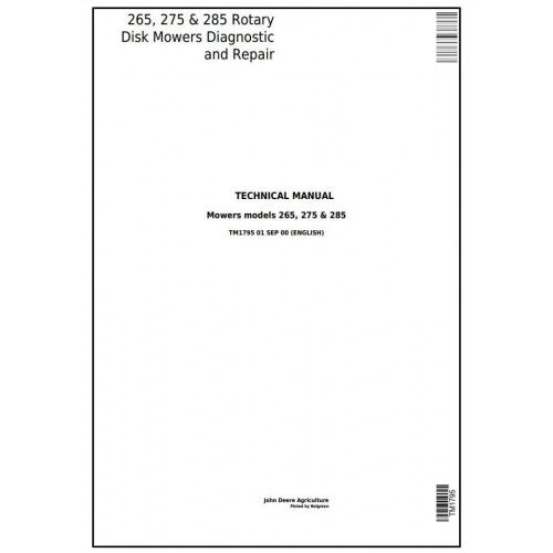 TM1795 John Deere 265, 275 & 285 Rotary Disk Mowers Pdf Technical Service Manual