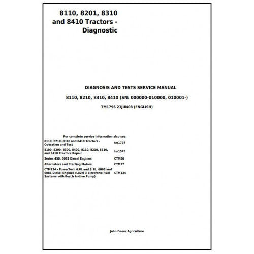 TM1796 John Deere John 8110, 8210, 8310 and 8410 Tractor Pdf Diagnosis and Tests Service Manual