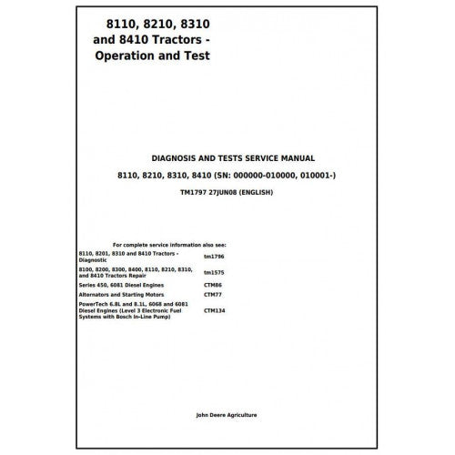 TM1797 John Deere 8110, 8210, 8310 and 8410 Tractor Pdf Diagnostic, Operation and Test Service Manual