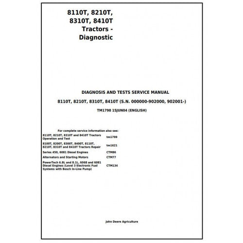 TM1798 John Deere 8110T, 8210T, 8310T, 8410T Tracks Tractor Pdf Diagnosis and Tests Service Manual